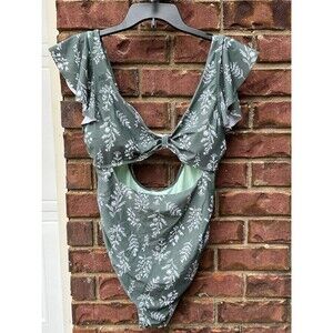 CUPSHE Maternity Swimsuit NWT Green White Floral Ruffle Cap Sleeve Cutout Size L
